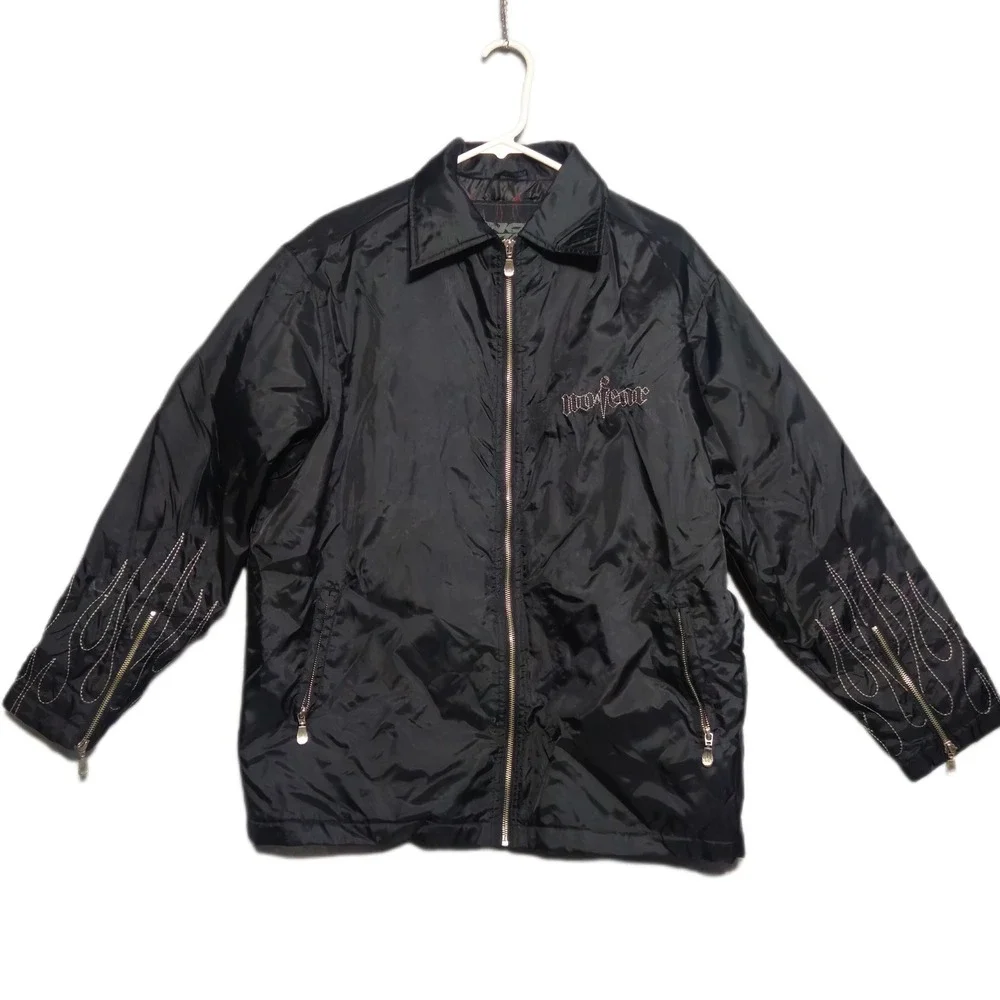 Vintage No Fear Y2K Flame Embroidered Full-Zip Skater Windbreaker Jacket Small